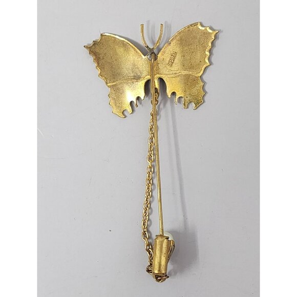 Damascene Butterfly Stick Pin With Faux Pearl Accent Gold Tone Filigree Design - Picture 4 of 7